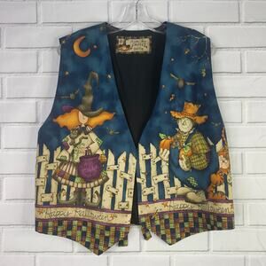 vintage handmade Halloween vest blue witch scarecrow ghosts large women